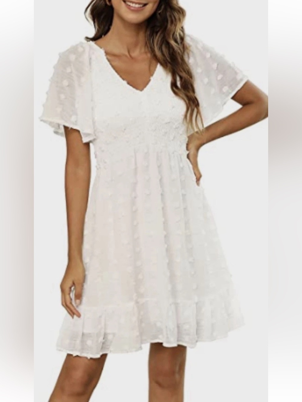White Swiss Dot V-Neck Mini Dress with Smocked Bodice Summer Babydoll Dress